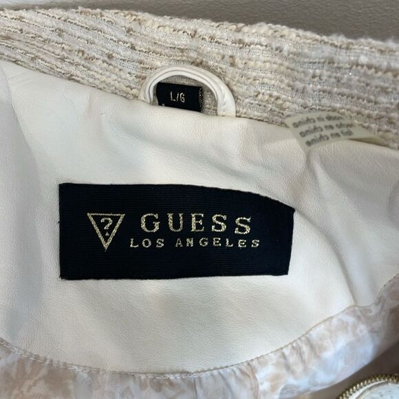 Guess white leather jacket with cream tweed detail and gold hardware - Picture 9 of 11